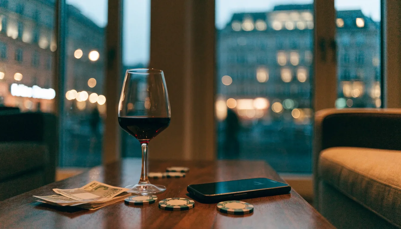 Modern living room with phone, casino chips, and Hungarian forints on a table.