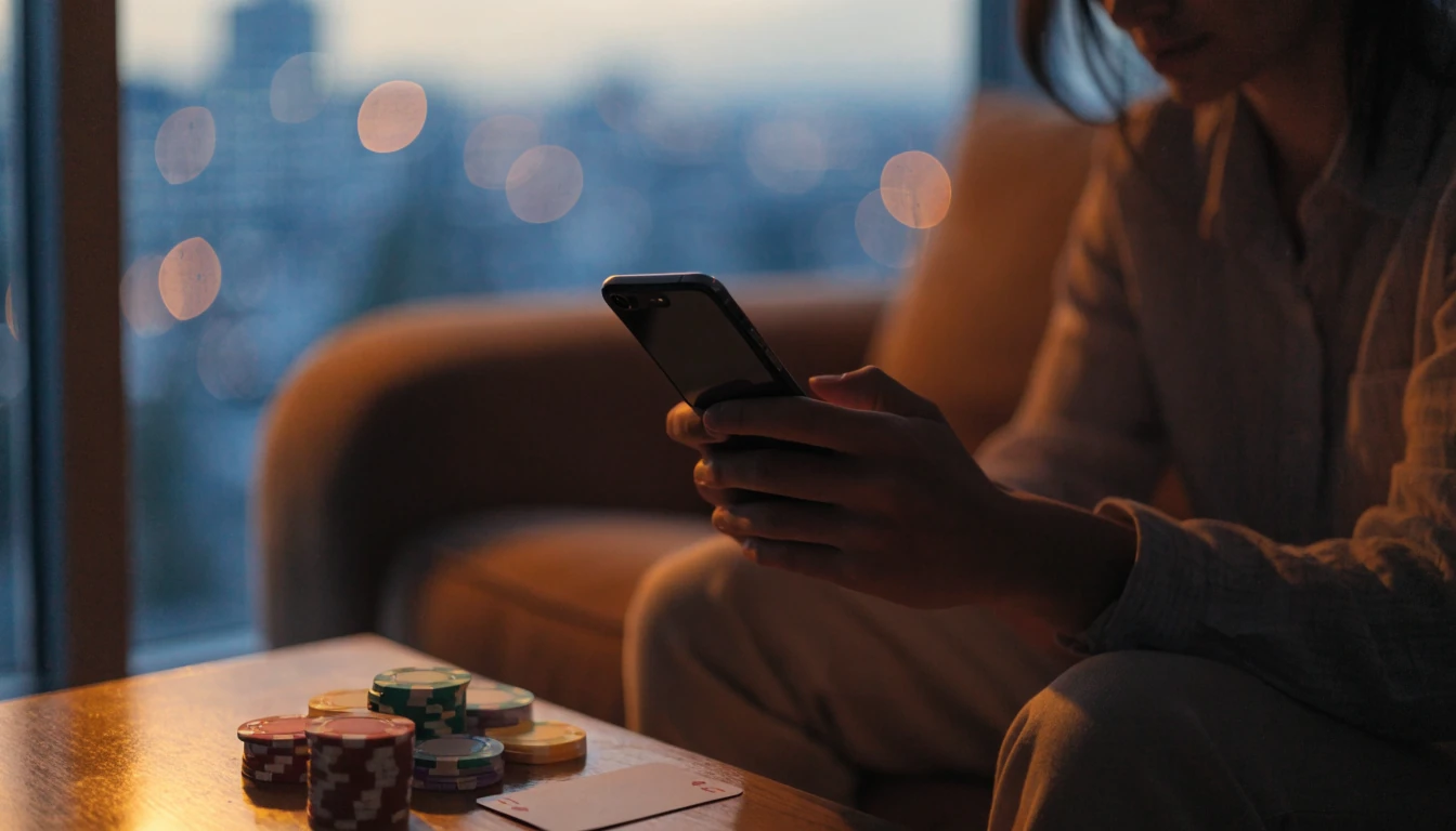Fiatal felnőtt Android telefonnal a kezében modern budapesti nappaliban, kaszinó zsetonokkal az asztalon