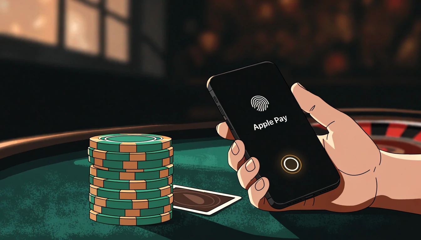 Kéz okostelefonnal az asztalon, Apple Pay fizetéssel, zsetonok és kártya mellett